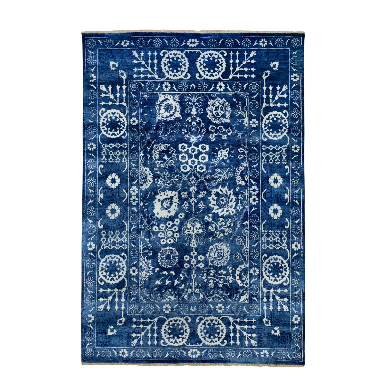 6’2″ x 9′ Blue Hand Knotted Tone On Tone Wool and Silk Oriental Rug R58535