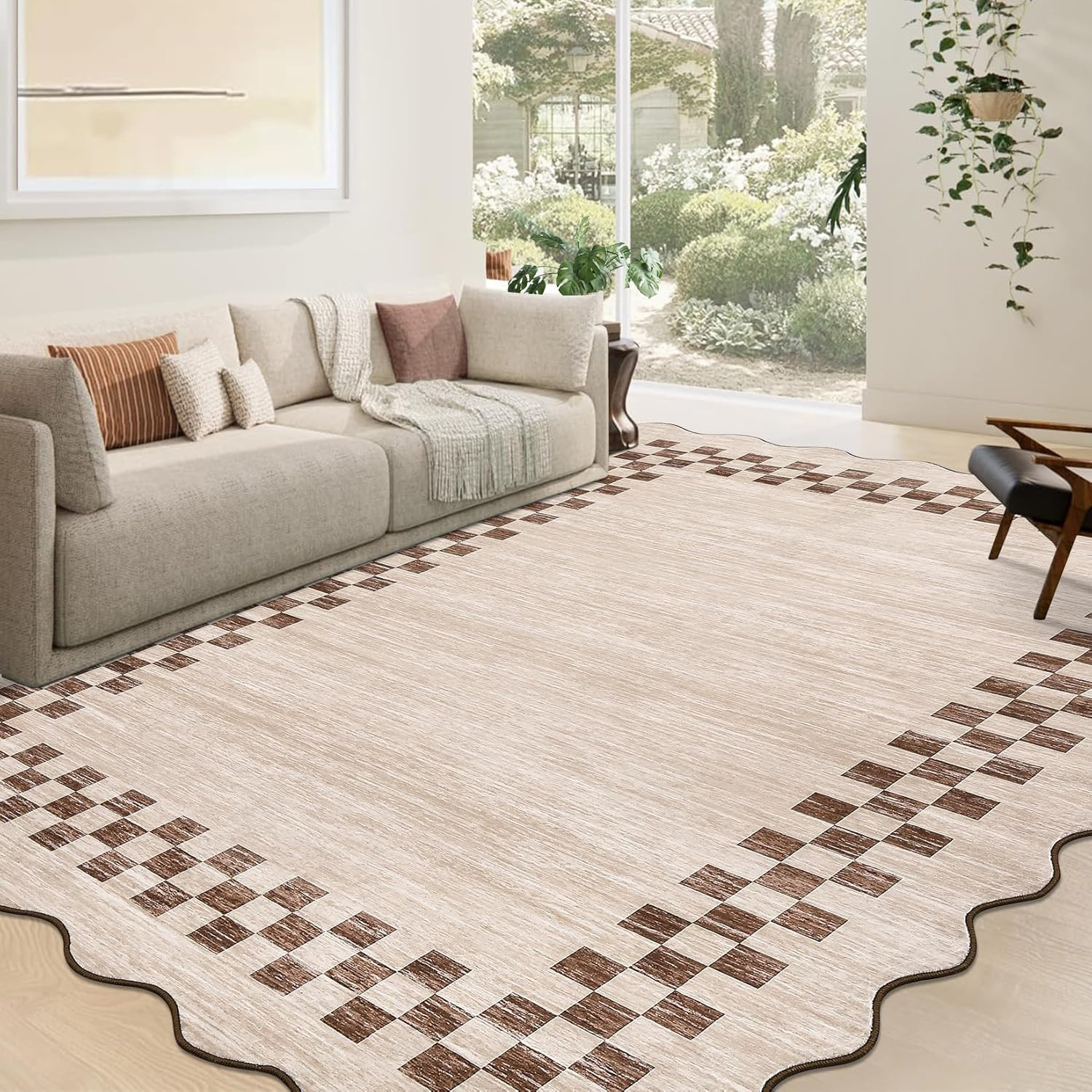 Washable Rug 5X7 for Living Room Large Bedroom Scalloped Rug Non Slip Stain Resi
