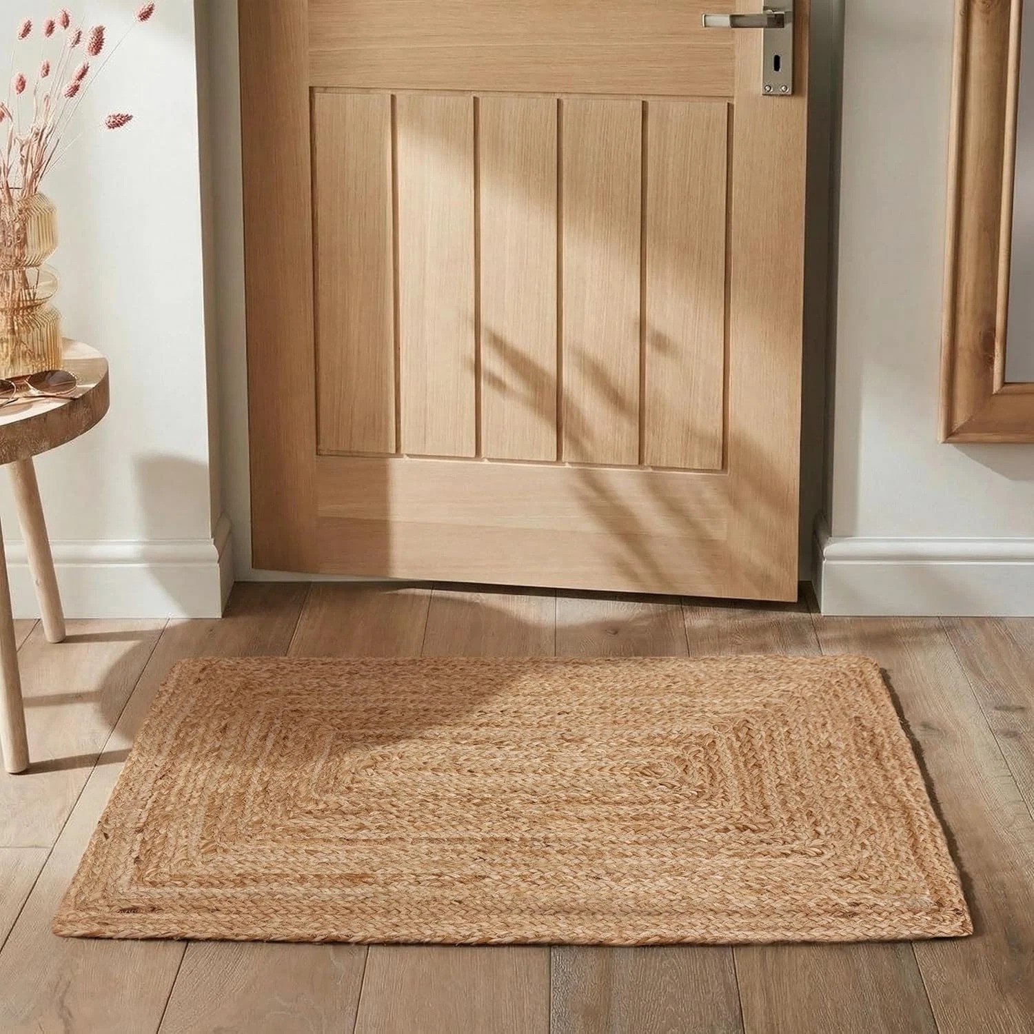 Handmade Reversible Jute Rug 2’x3′ – Aqua Blue Plaid for Coastal & Farmhouse