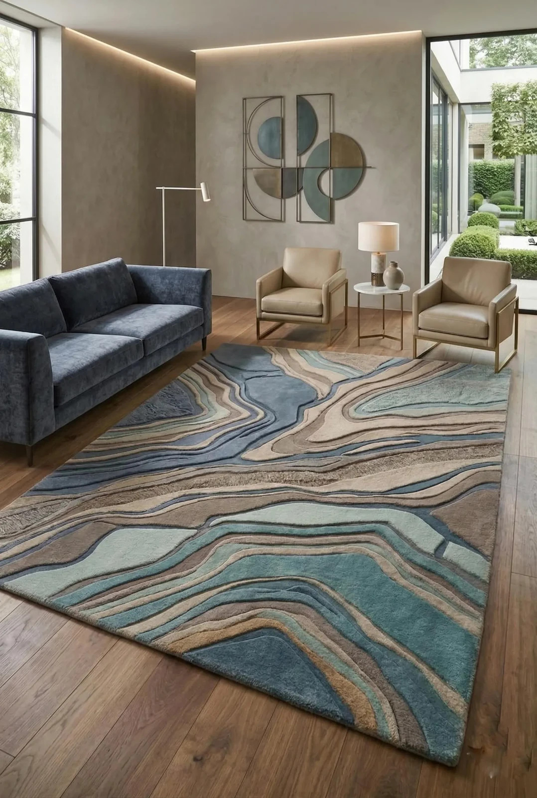 Hand Tufted Abstract Wool Rug, Blue Beige Wave Design, Modern Living Room Carpet