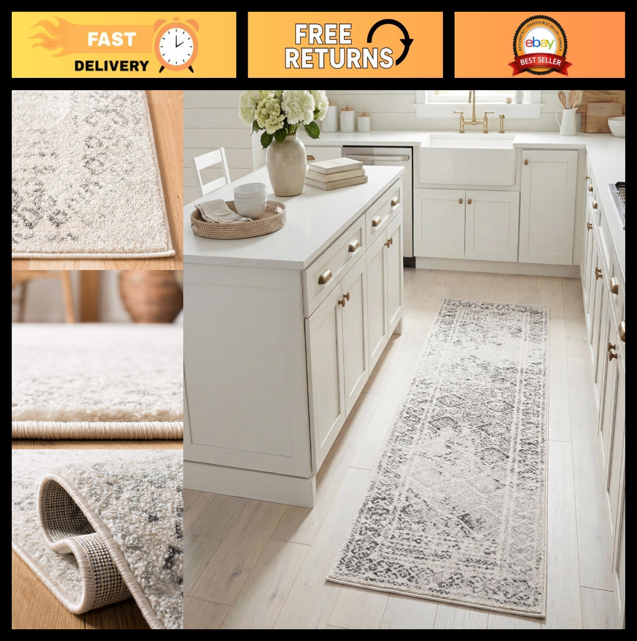 Moroccan Boho Runner Rug 2′ x 15′ – Ivory & Grey, Non-Shedding, Easy Clean, Idea