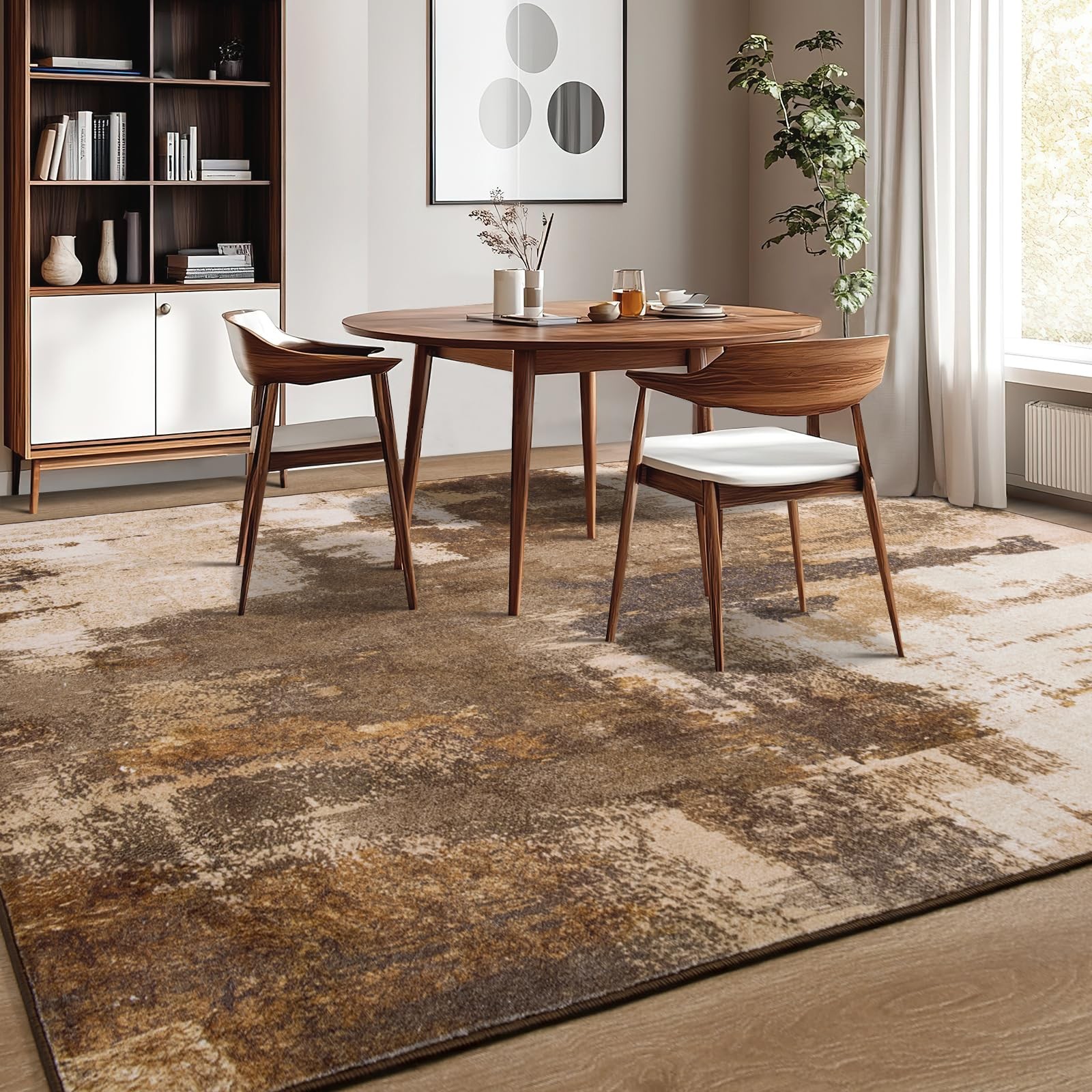 Living Room Rug, 5×7 Rug Modern Abstract Washable Rugs Brown Foldable Faux Wo…