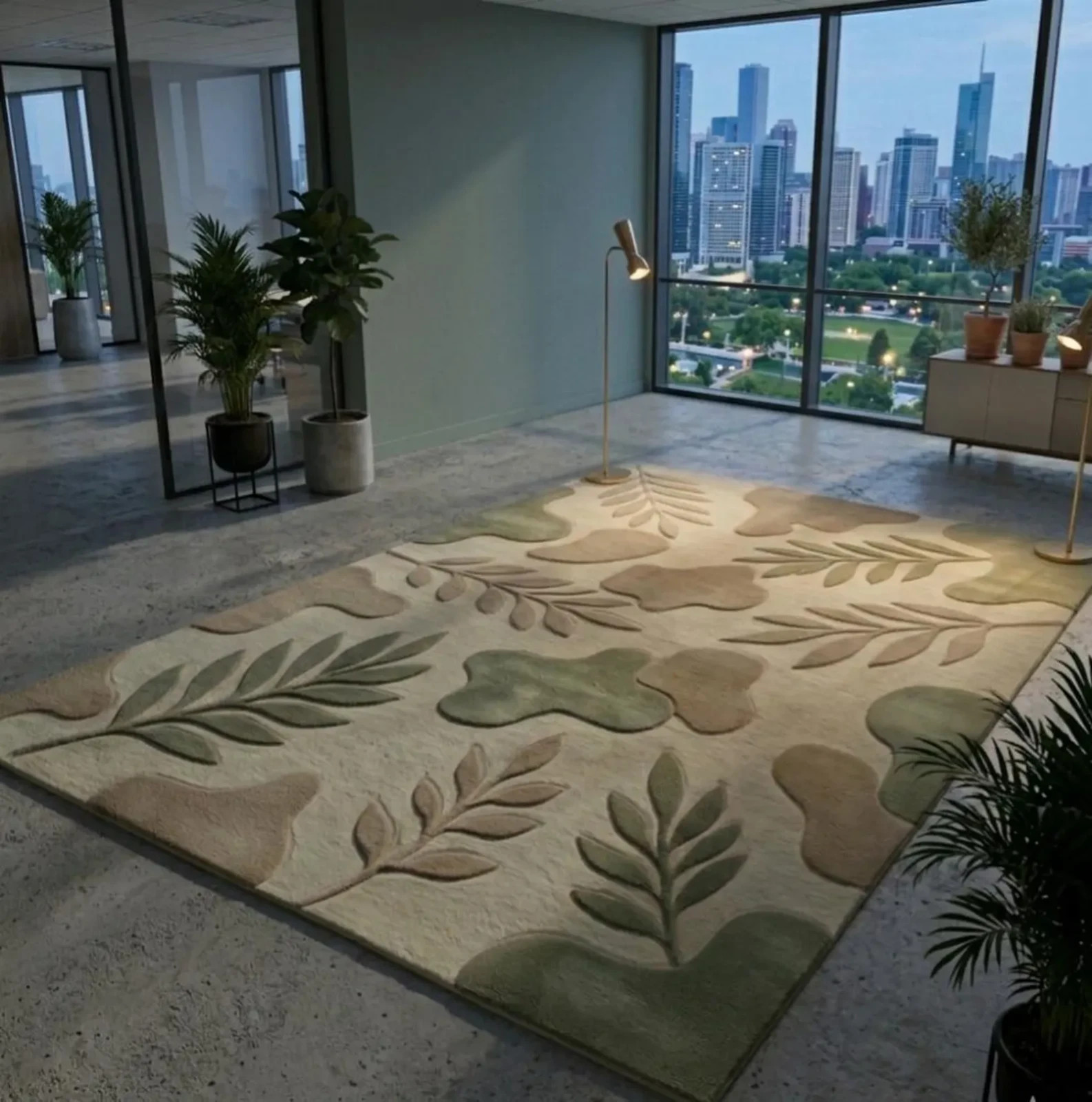 Hand Tufted Botanical Leaf Wool Rug, Modern Scandinavian Beige Green Carpet Rug