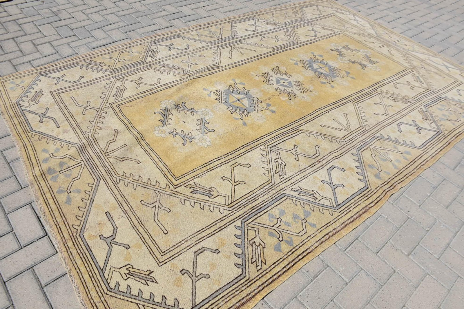 Turkish Large Rug, 6,6×10,4 ft Vintage Rug, Beige Patchwork Wool Rug
