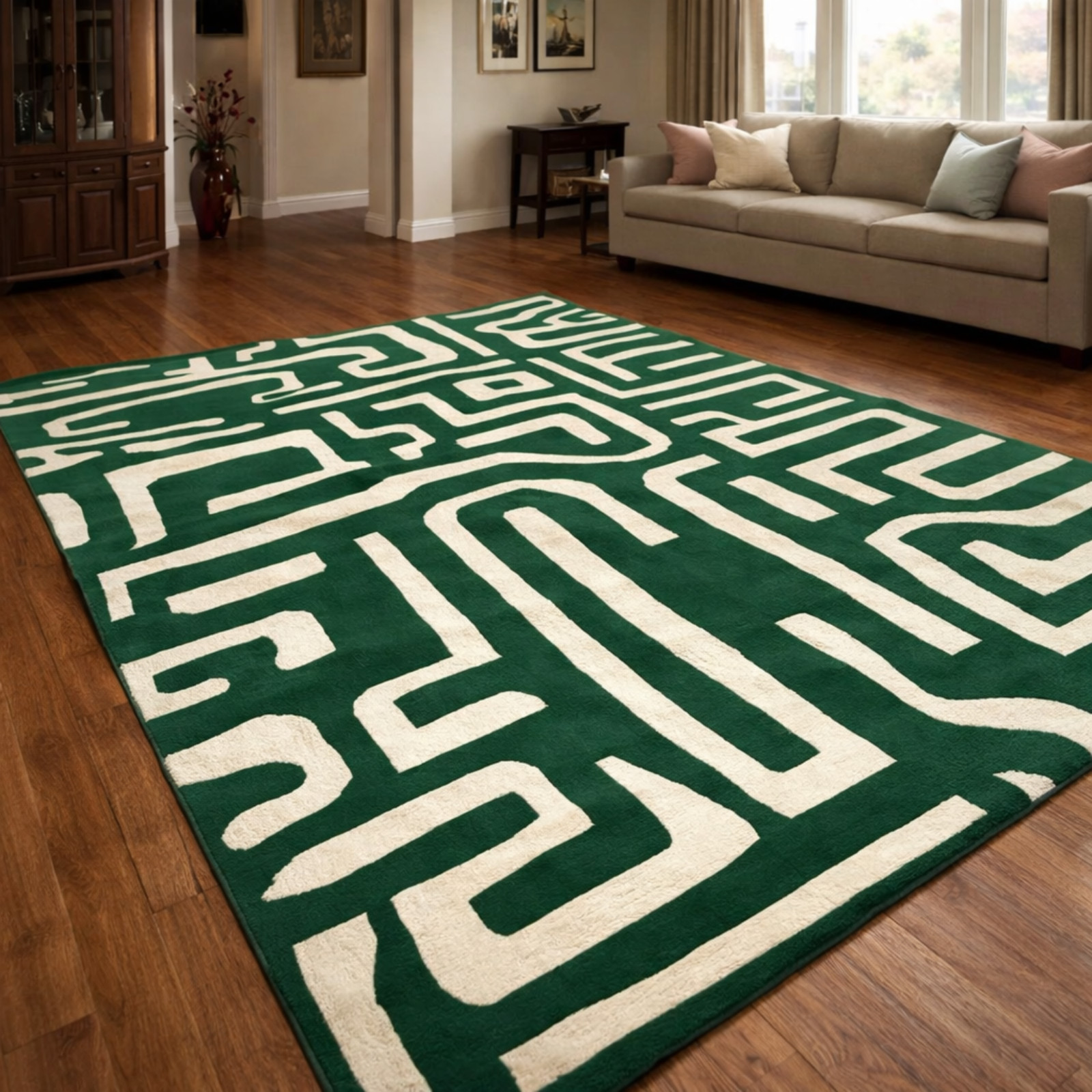 Hand Tufted Wool Area Rug Green Ivory Abstract Geometric Maze Modern Carpet
