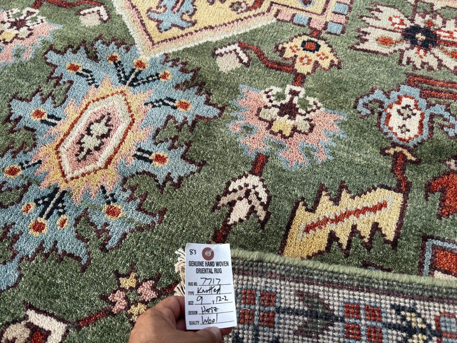 9×12 GREEN WOOL RUG handmade new heriz oushak geometric soft clean big red pink