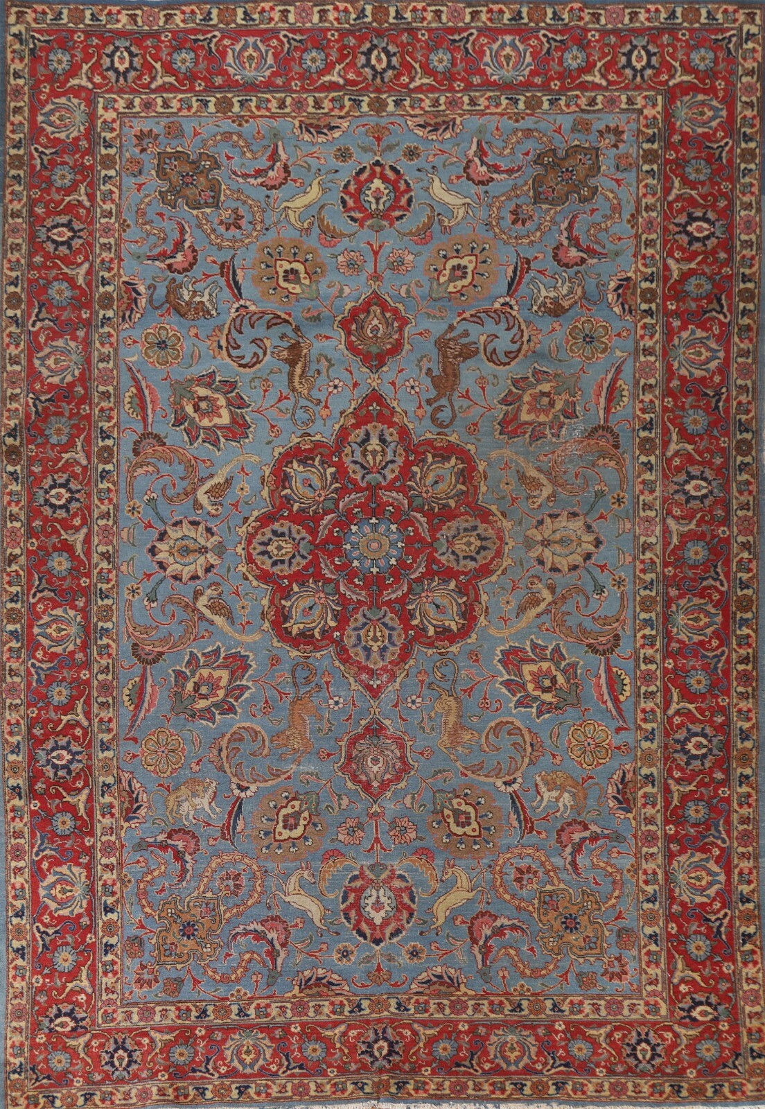 Vegetable Dye Light Blue Tebriz Handmade Floral Animal Design Antique Rug 8’x12′