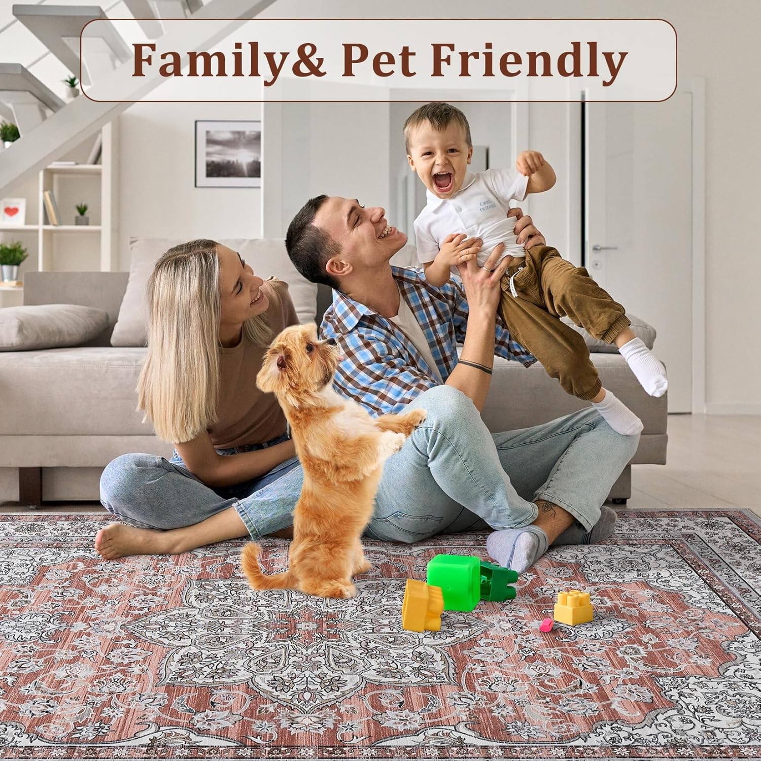 US Washable Area Rug Low-Profile Non-Slip Backing Durable Edge Bind Vintage Rugs