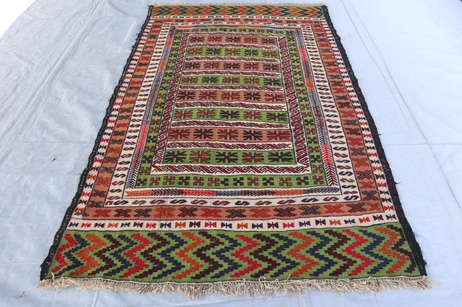 4’3×6’10 ft Sumak Rug/ Green Beige Afghan Kilim Rug/ Flatweave Handmade Wool Rug