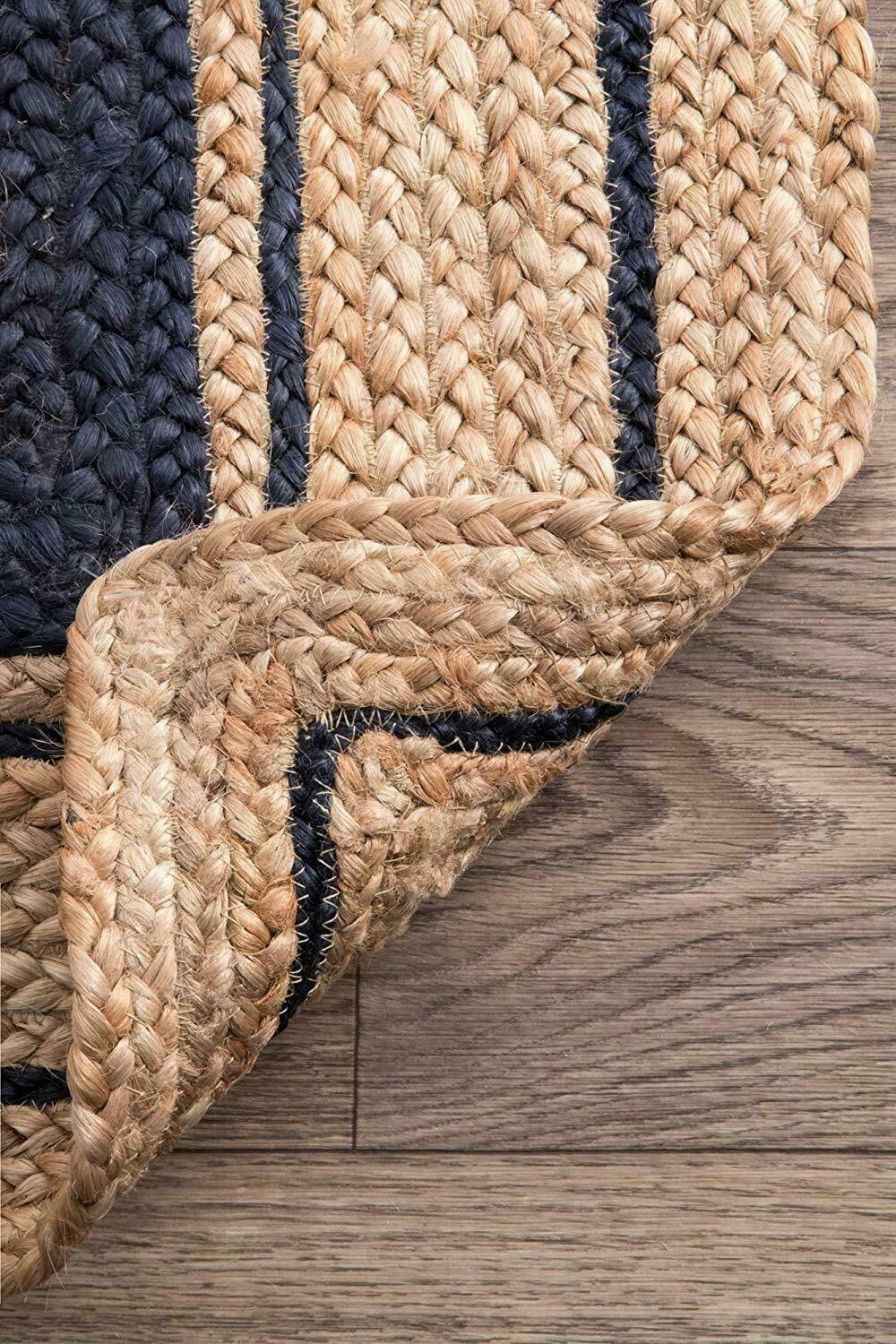 Rug Jute Rectangle Beige with Black Hand Braided Farmhouse Area Rug Rustic Look