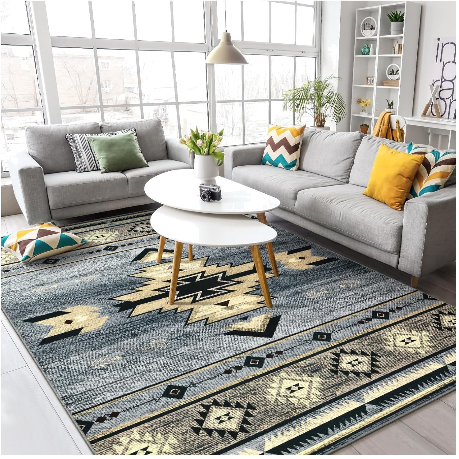 Southwest Style Area Rug, Non Slip Grey Rug 5ft x 7ft