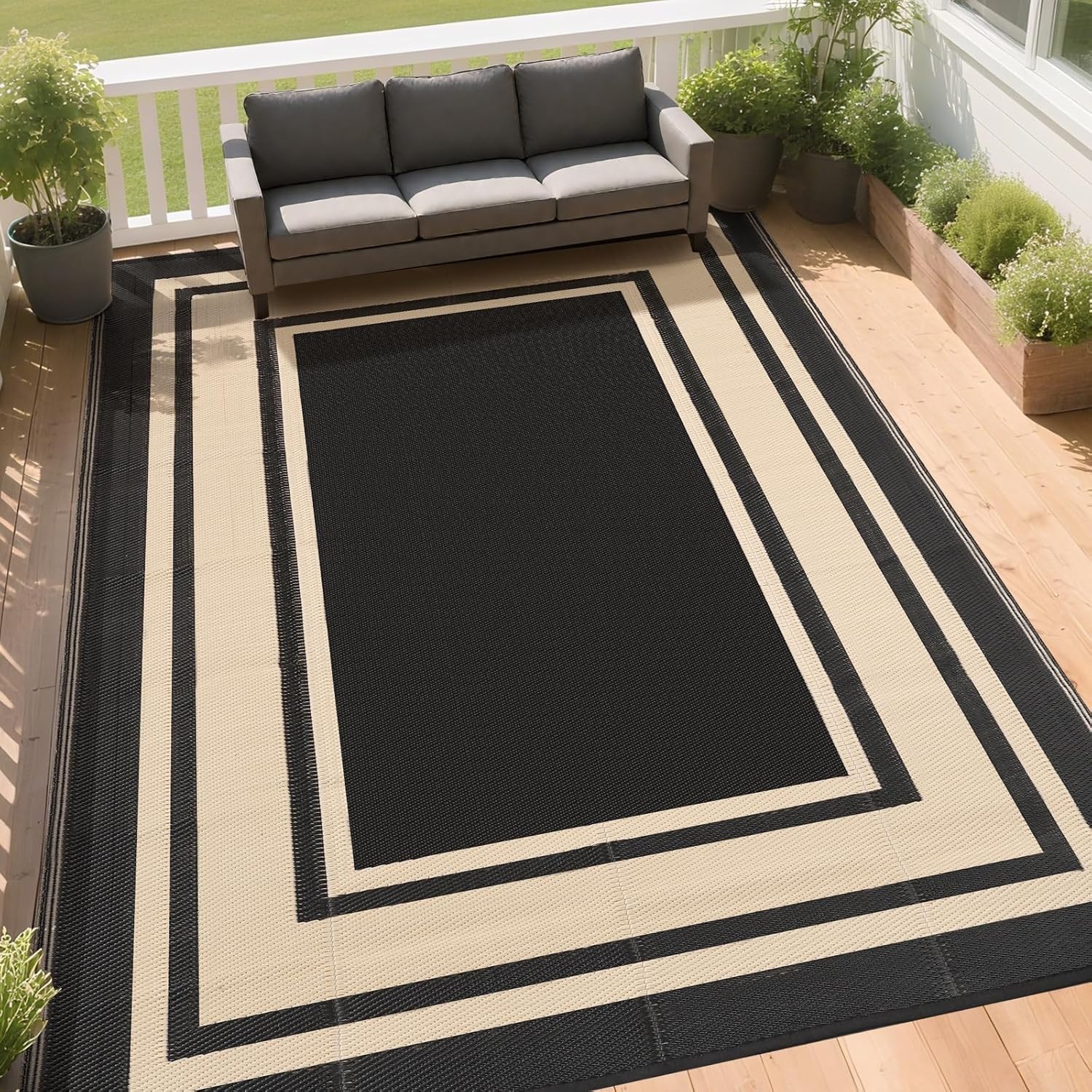 Stylish Black & Beige 6×9 Outdoor Rug – Waterproof, Reversible & Easy to Clean