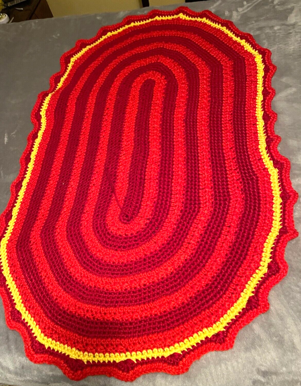 Oval Crochet Knit Rug 32 x 54 Reds Yellow