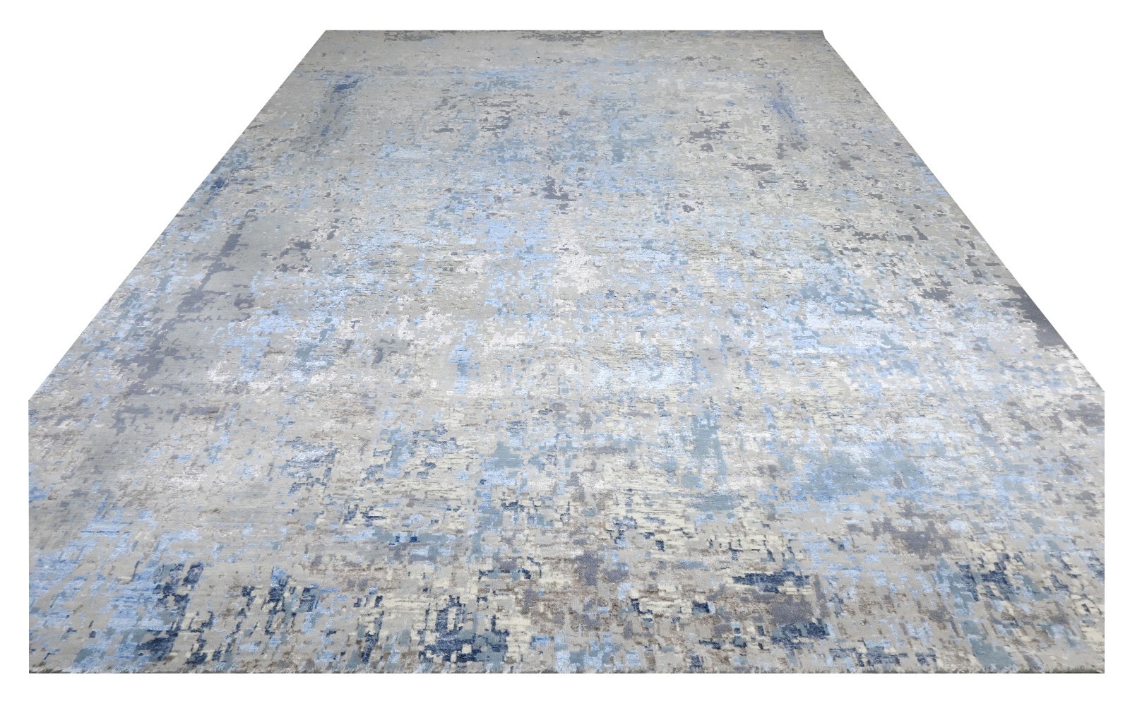 Silver Blue Hand Knotted Oushak Wool Area Rug, Modern Abstract Distressed Design