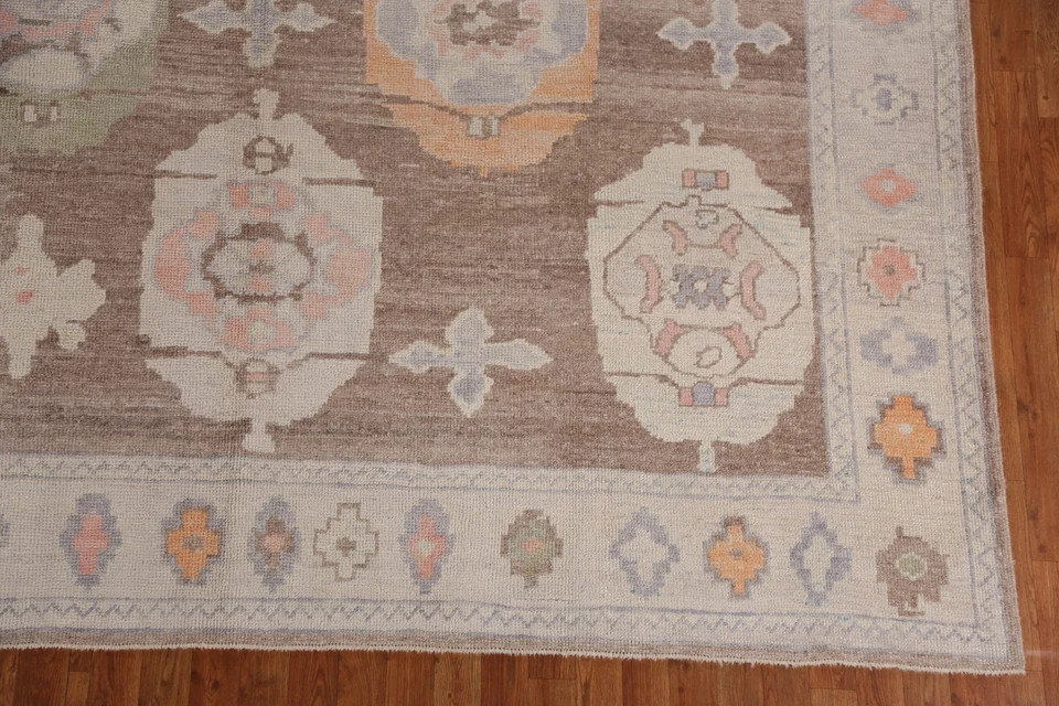 Hand-Knotted Wool Rug Brown & Pastel Medallion Carpet