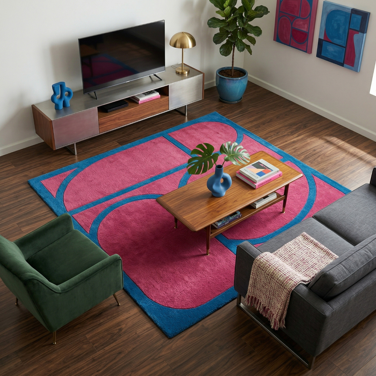 Hand Tufted Pink Teal Rug Modern Abstract Bold Geometric Arch Wool Rug Handmade
