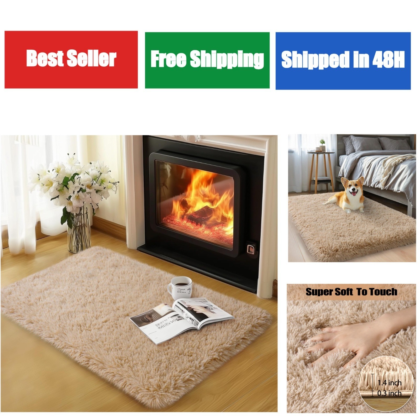 Tan Fluffy Area Rug 2×3 ft Soft Shag Carpet for Kids Room