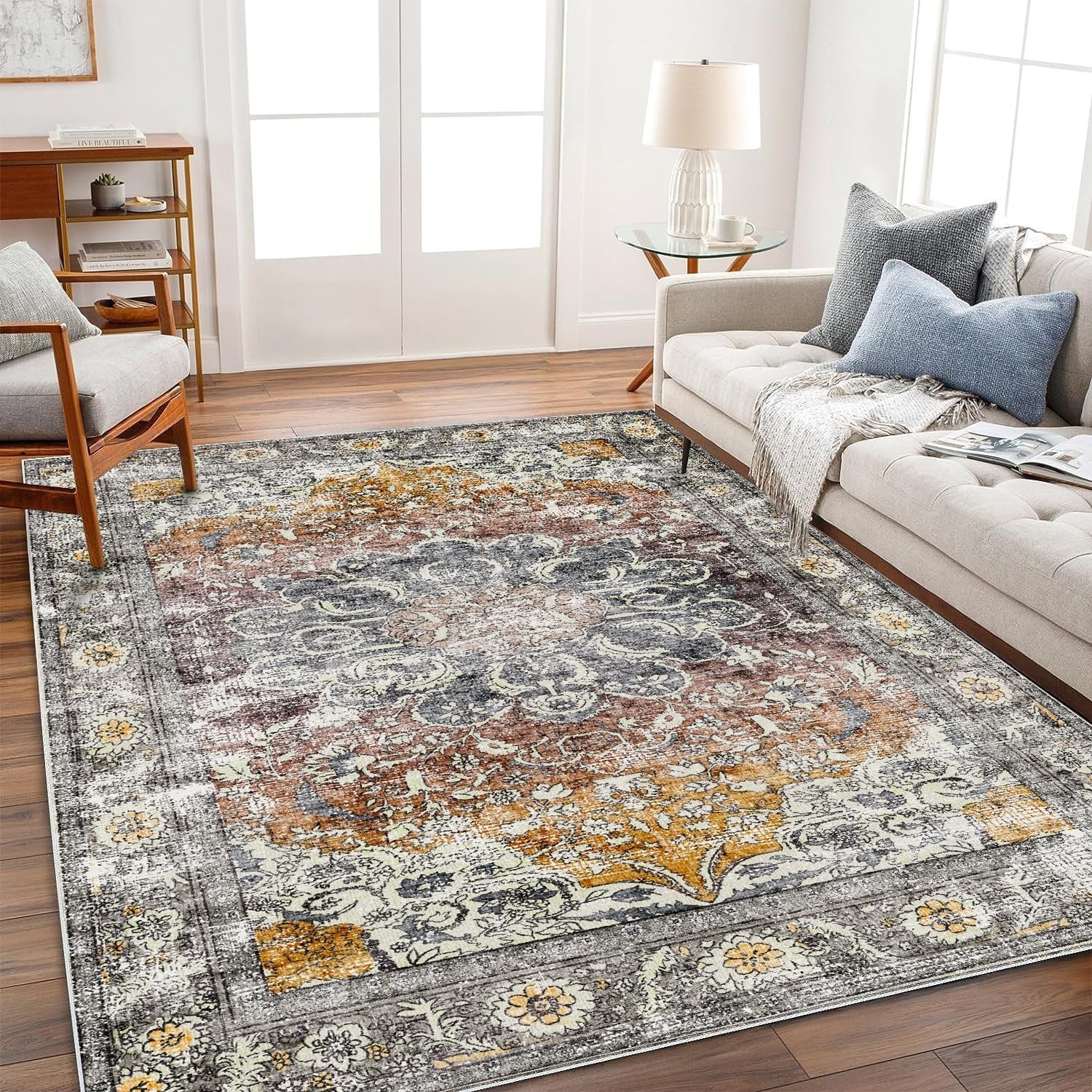 Vintage Floral Area Rug 6×9 Brown Grey Boho Style