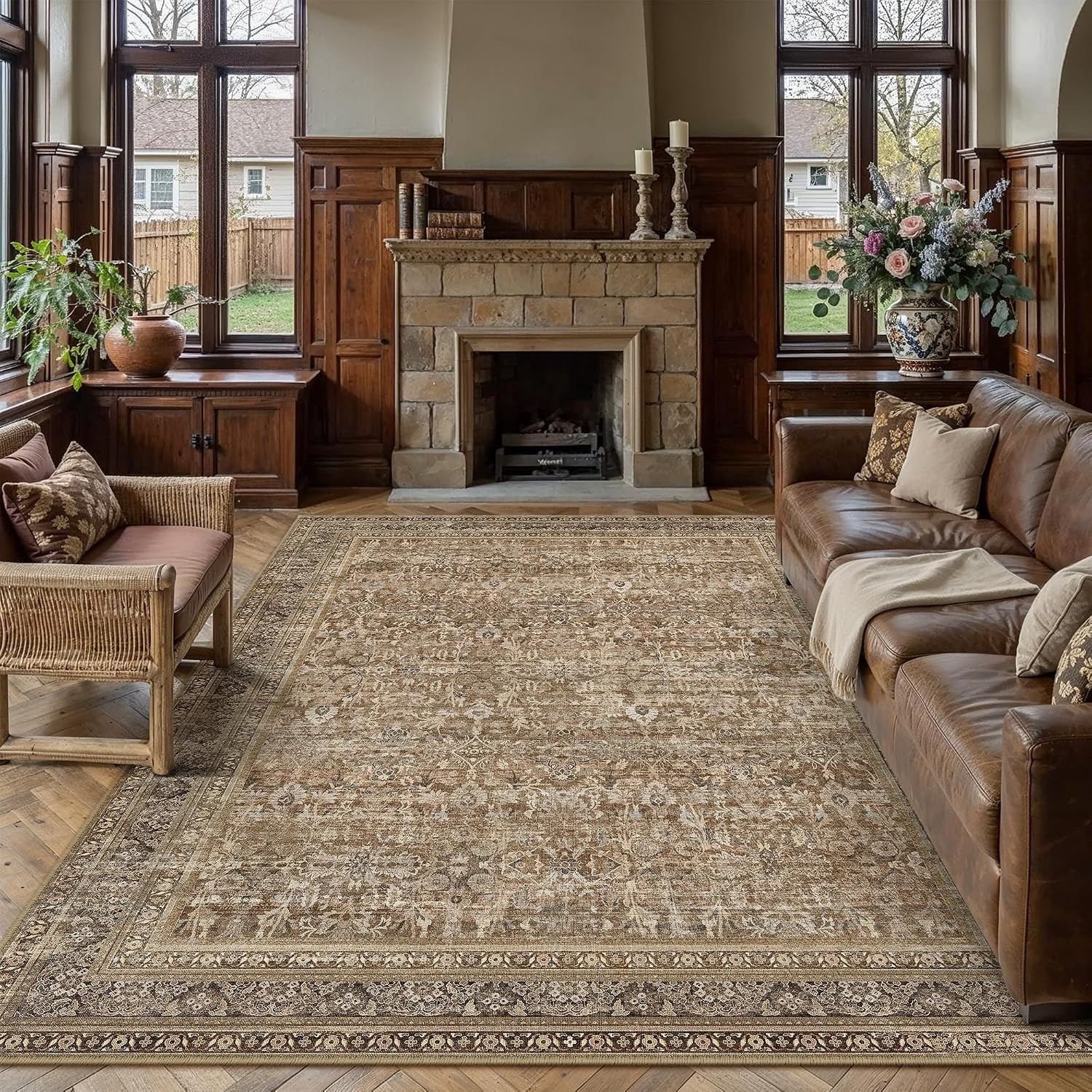 8X10 Brown Neutral Retro Area Rug | Washable, Low Pile, Floral, Soft, Non Slip,