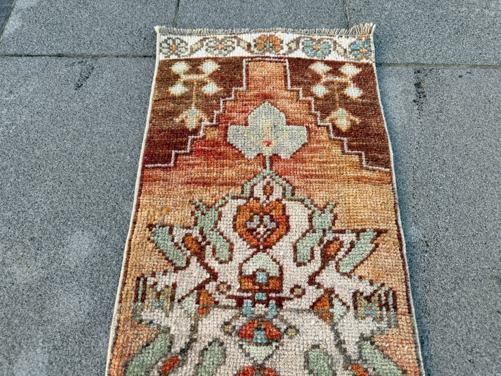 Vintage Turkish Rug 1.1×2.8 ft Small Handmade Wool Oushak Accent Area Rug