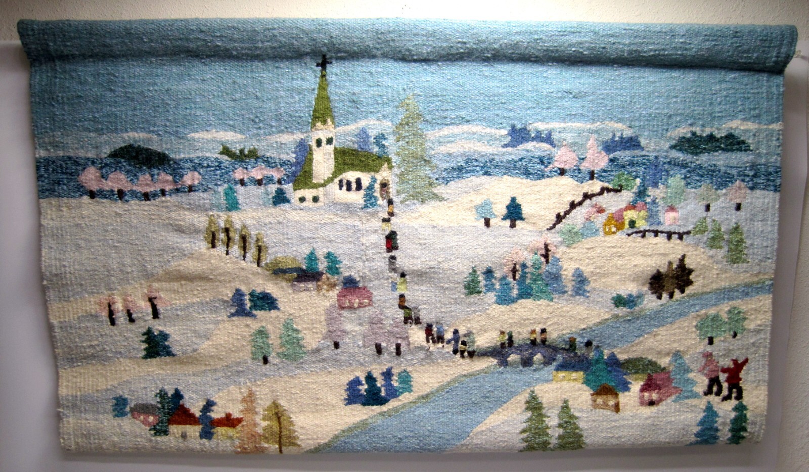 Vintage Mere Cie Mothers Commerce Company Woven Tapestry Wool Church Scene