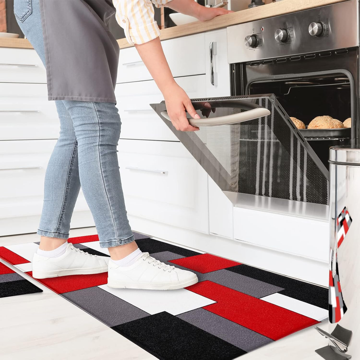 Black,White,Red and Grey Kitchen Rug Set 2 Piece Abstract Geometric Art Cushione