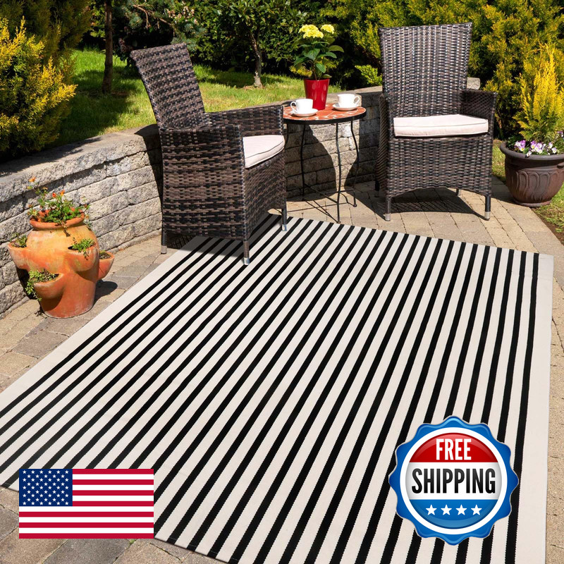 Collive Black And White Outdoor Rug 5X8Ft Striped Outdoor Rug Reversible