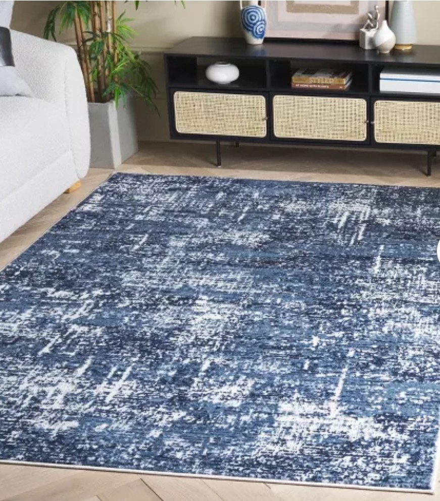 Phantoscope Modern Area Rug 5’x7′- Distressed Blue Geometric Rectangle Pattern