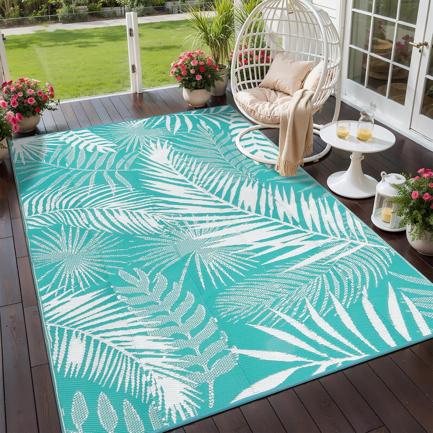 Outdoor Rug 5X7 Ft, Reversible Waterproof Plastic Straw Patio Rugs, RV Mat