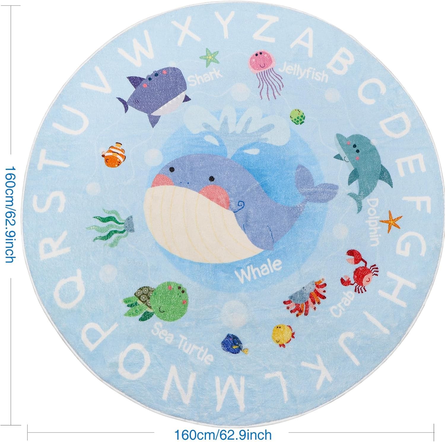 Soft Round ABC Rug for Kids Room,5.2 ft Washable Circle Rug,Non-Slip Whale
