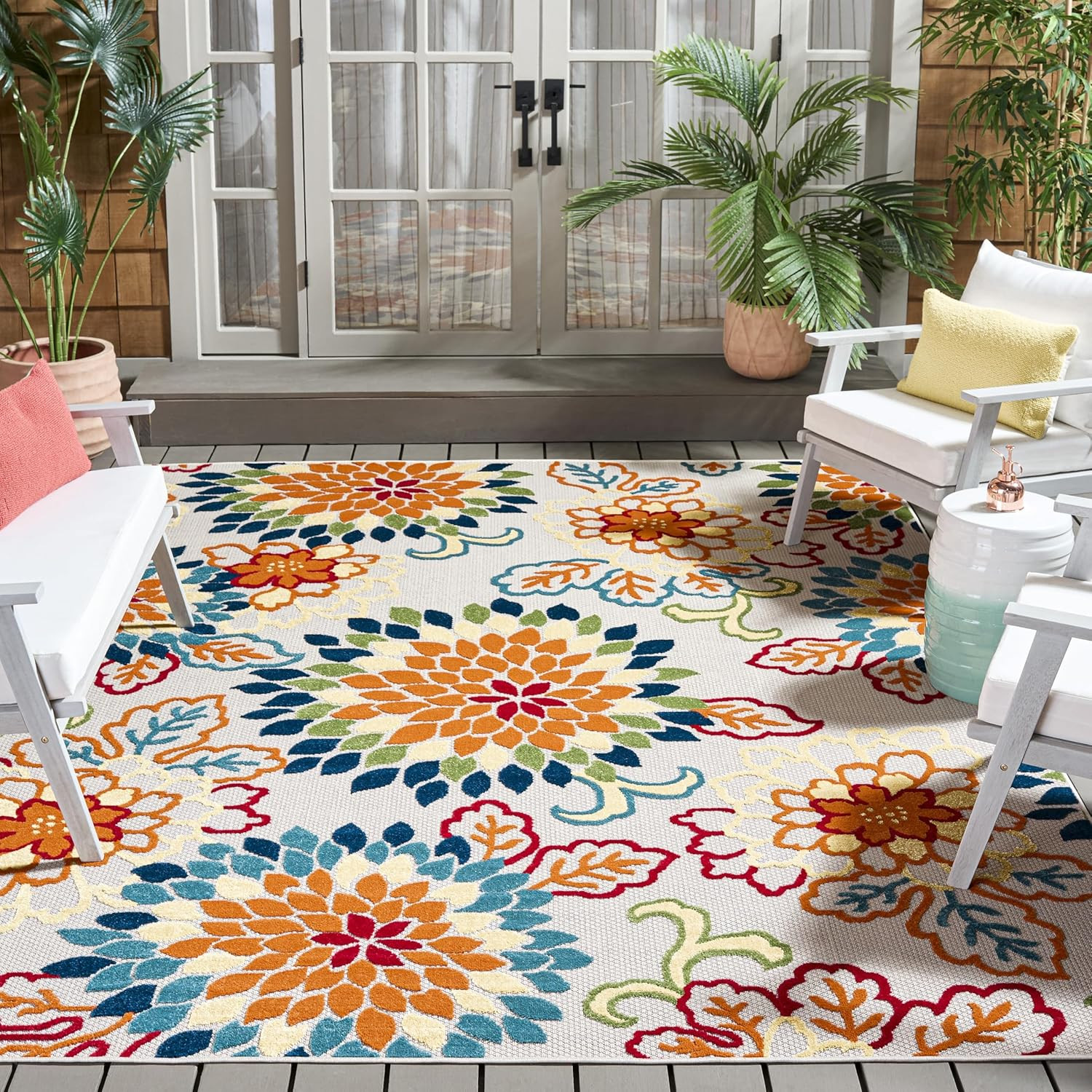 Outdoor Washable Rug – 6’7″ x 9′, Ivory & Orange, Easy Clean, Non-Shedding