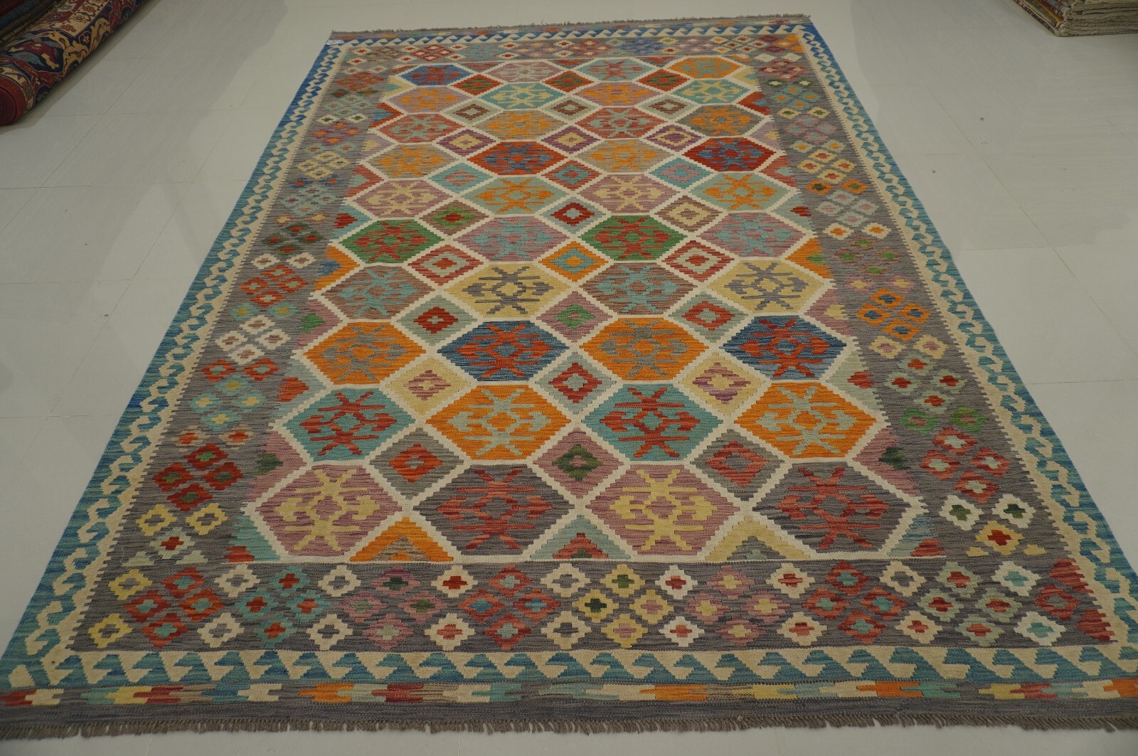 8×11 ft Afghan Beige Hand woven Geometric Veg dyes Wool Kilim Area Rug 8’0x11’3
