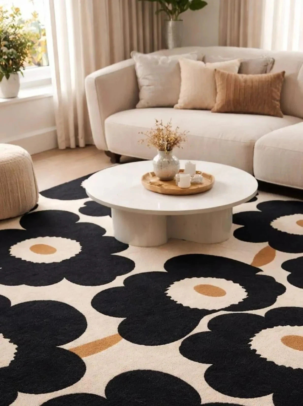 Marimekko Unikko Style Poppy Area Rug Retro Floral Black Cream Beige Carpet 8×10