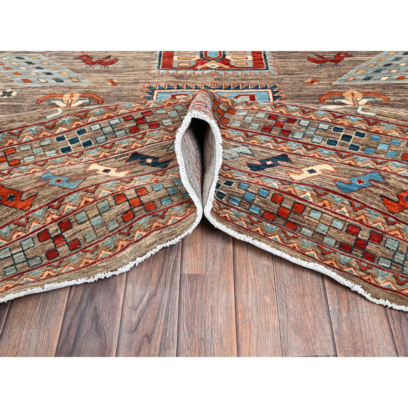 9’1″x11’6″ Taupe Armenian Inspired Caucasian Design Wool Hand Knotted Rug R1143
