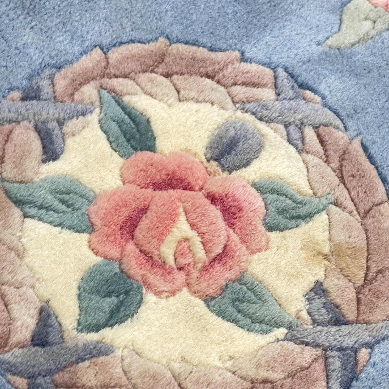 3x3FT Handmade Octagonal Chinese Area Wool Rug Flowers Fringe Vintage 70s