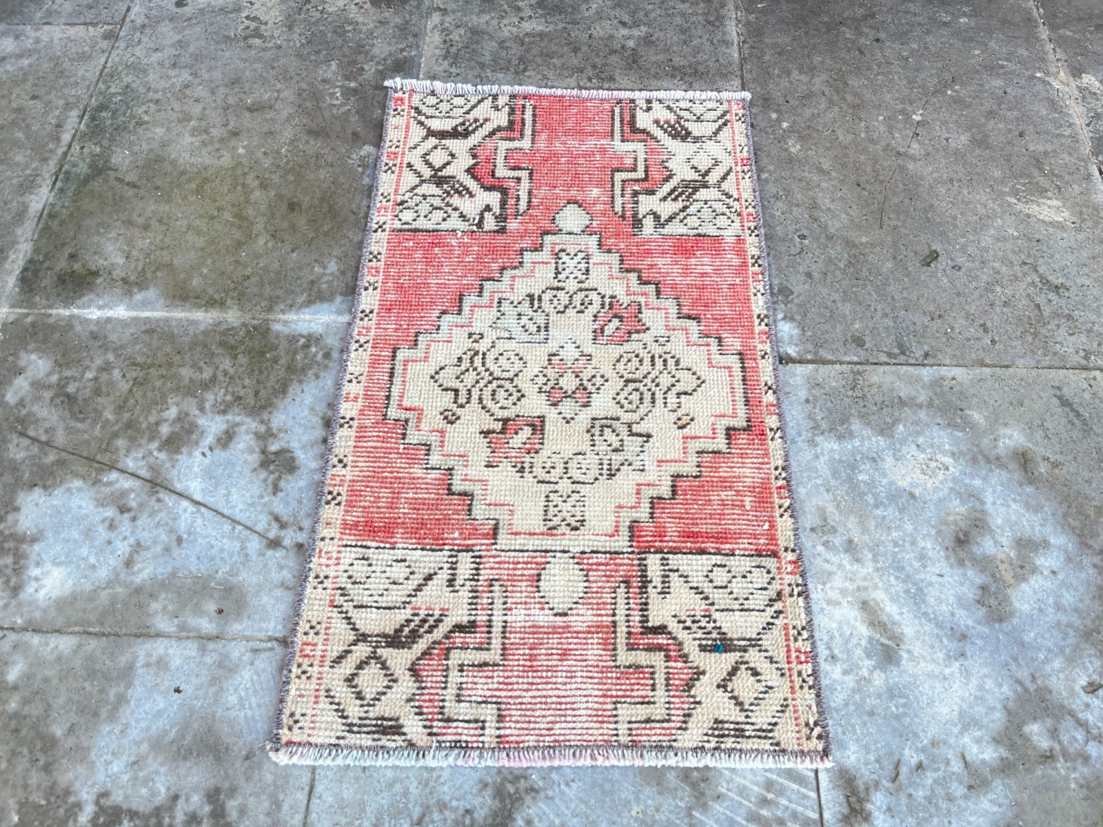 Vintage Turkish Rug 1.4×2.5 ft Hand-Knotted Wool Door Mat Boho Tribal Accent Rug