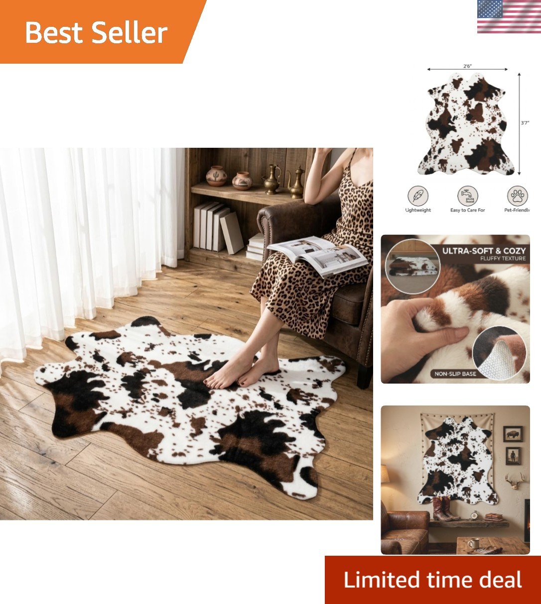 Soft & Durable 2’6″x3’7″ Cowhide-Like Rug for Entryways and Living Rooms