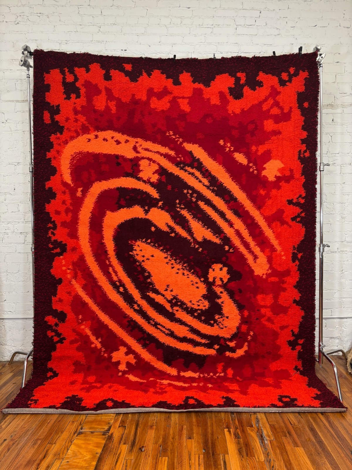 70s Red Black Geometric Scandinavian UNUSED Rya Rug Galaxy Mid Century Wool