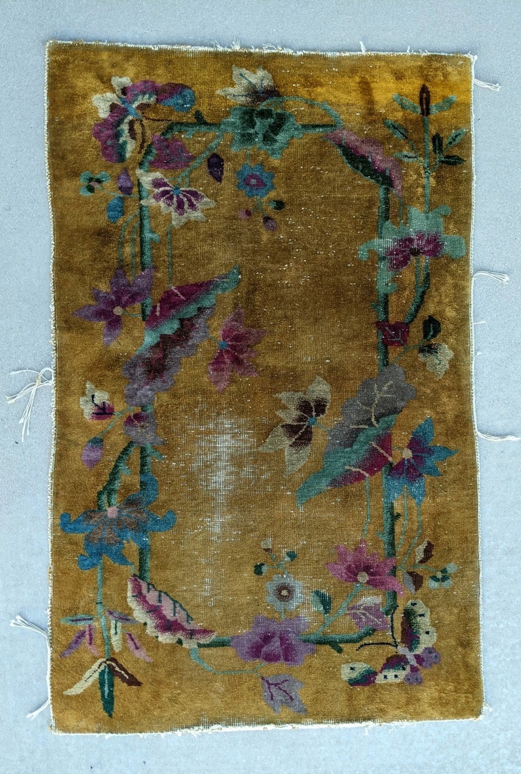 Antique Floral Deco Nichols Hand knotted Rug Butterfly 55” X 35” China 1930s Gld