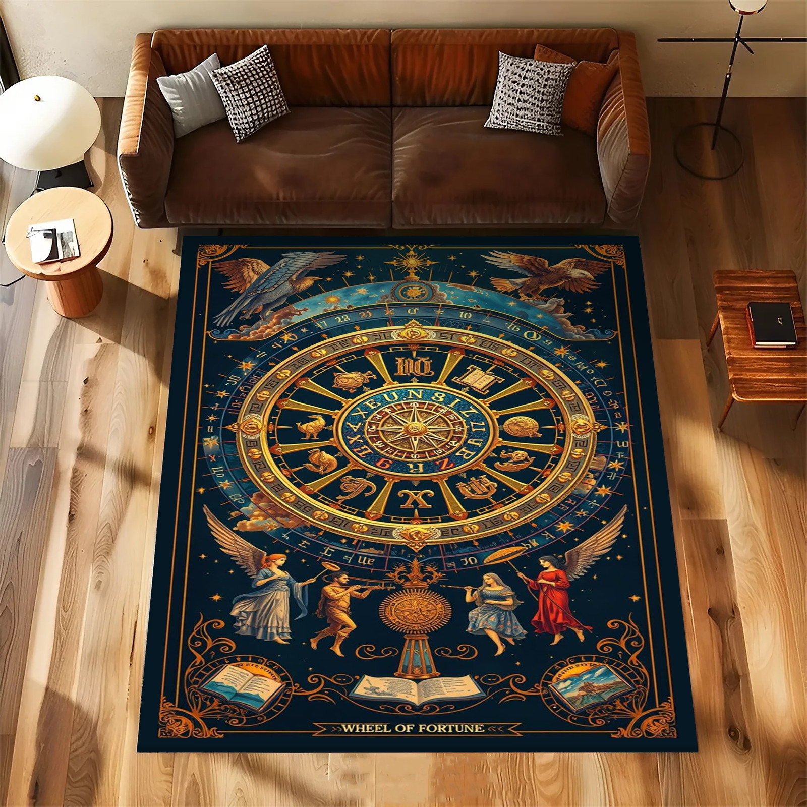 Rectangular Rug with Zodiac Wheel and Mythical Figures in Gold and Blue