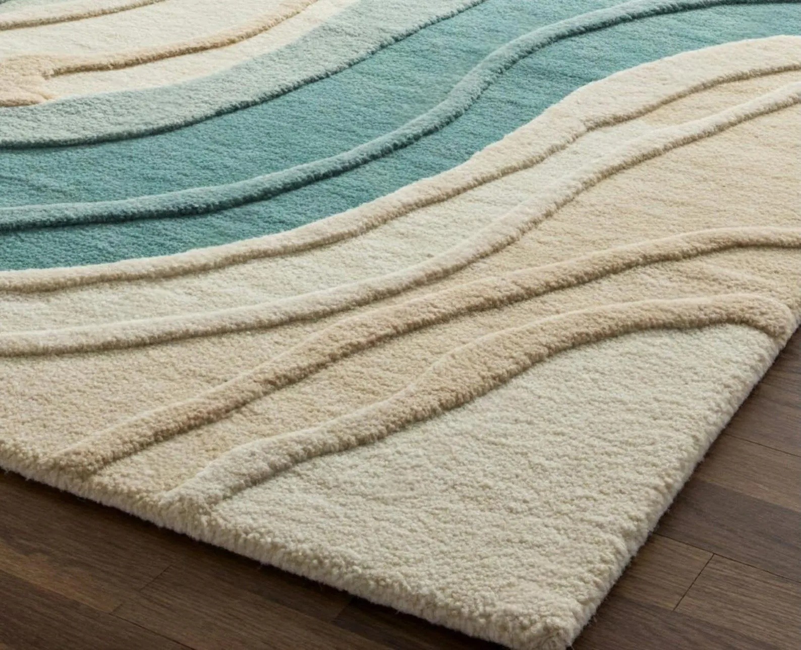 Coastal Modern Abstract Teal & Cream – Soft Tufted Ocean Wave Design Carpet Rug