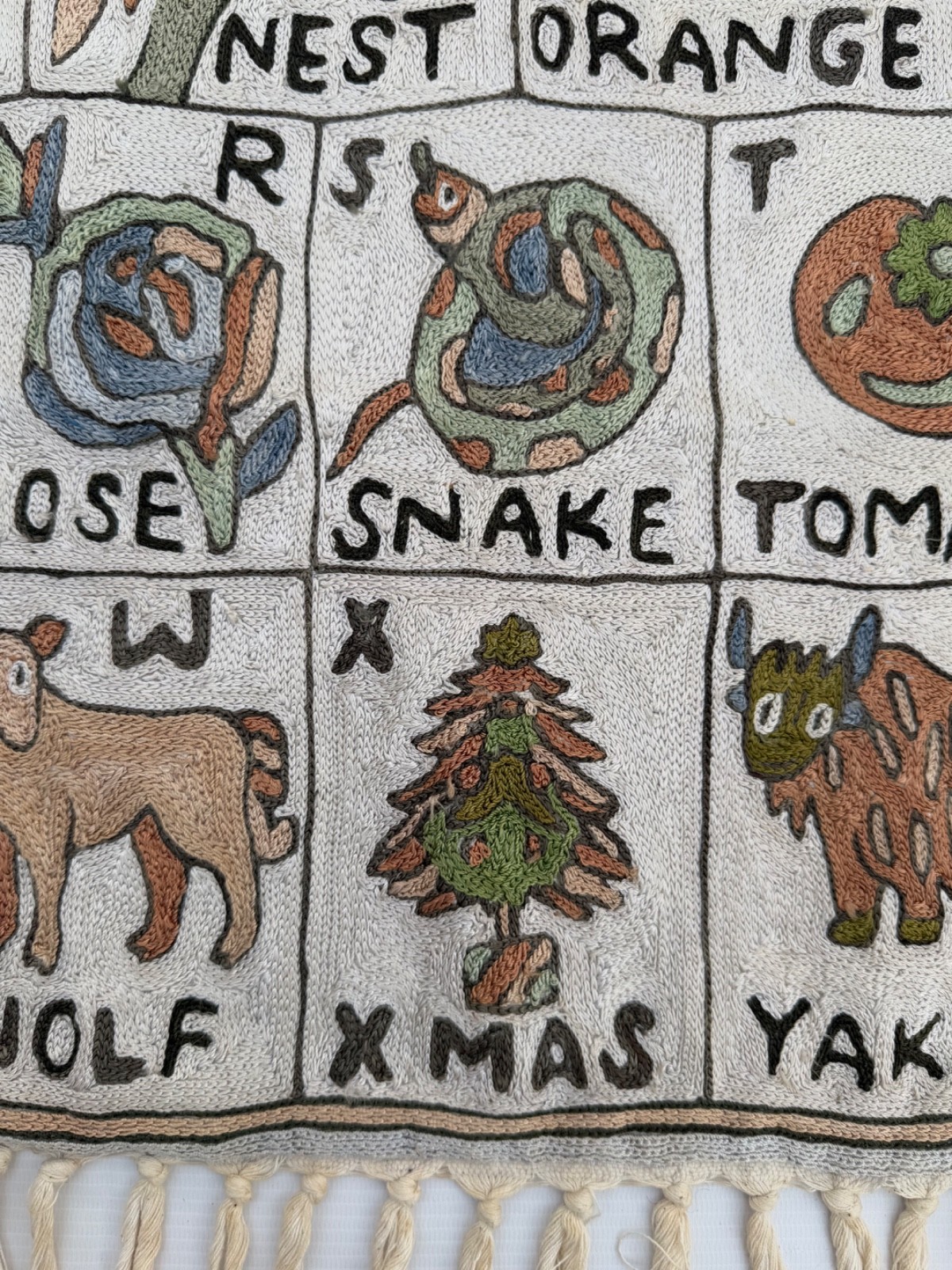 Vintage Hand Silk Embroidered Kashmiri Chain-Stitch Alphabet ABC Tapestry Rug
