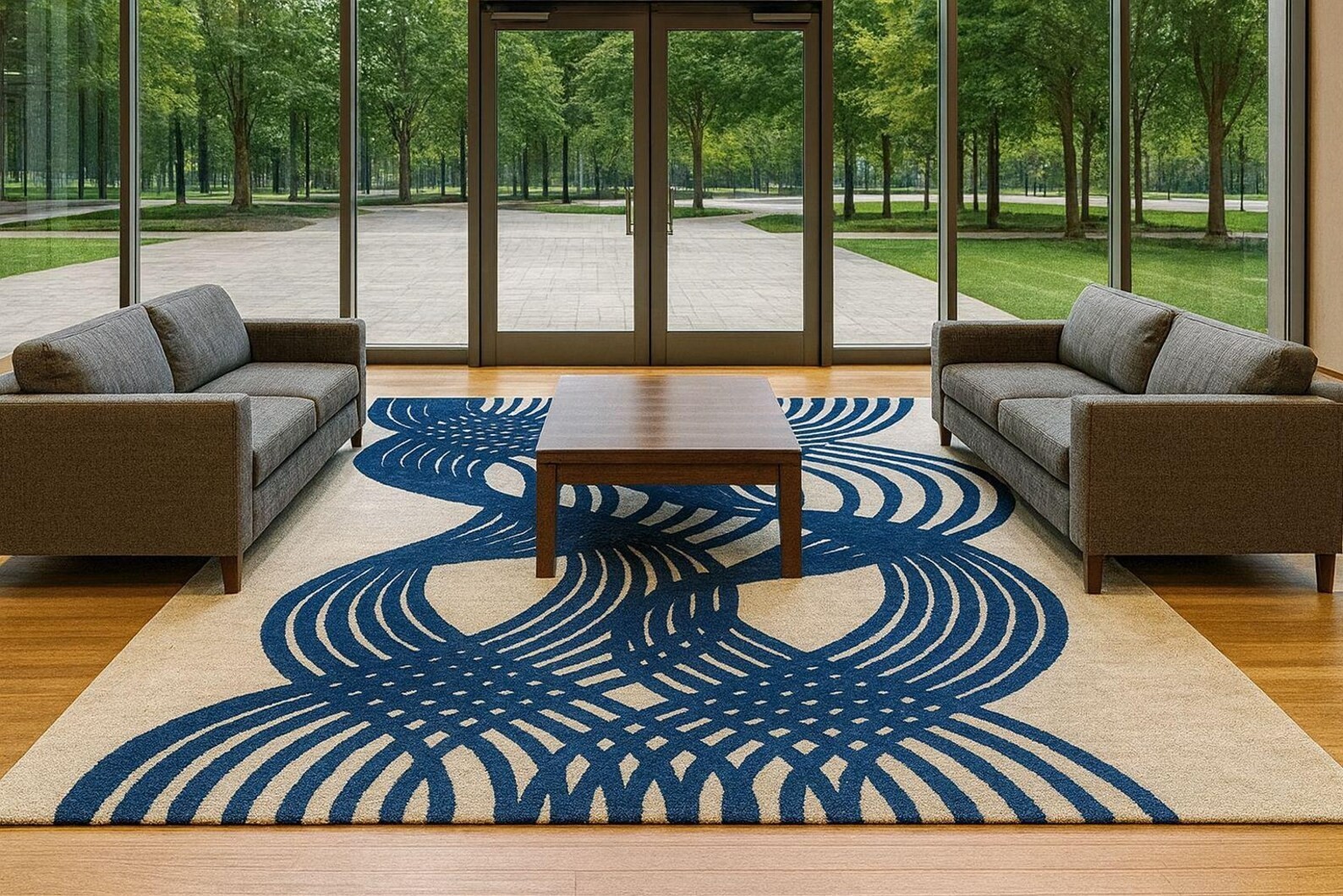 Hand Tufted Wool Blend Rug: Cream & Navy Blue Wave Design