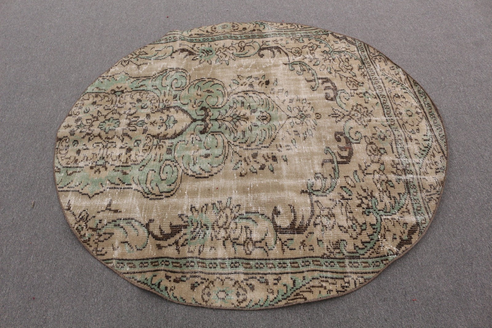 Turkish Rug, 5,6×5,6 ft Round Rug, Green Brown Wool Rug