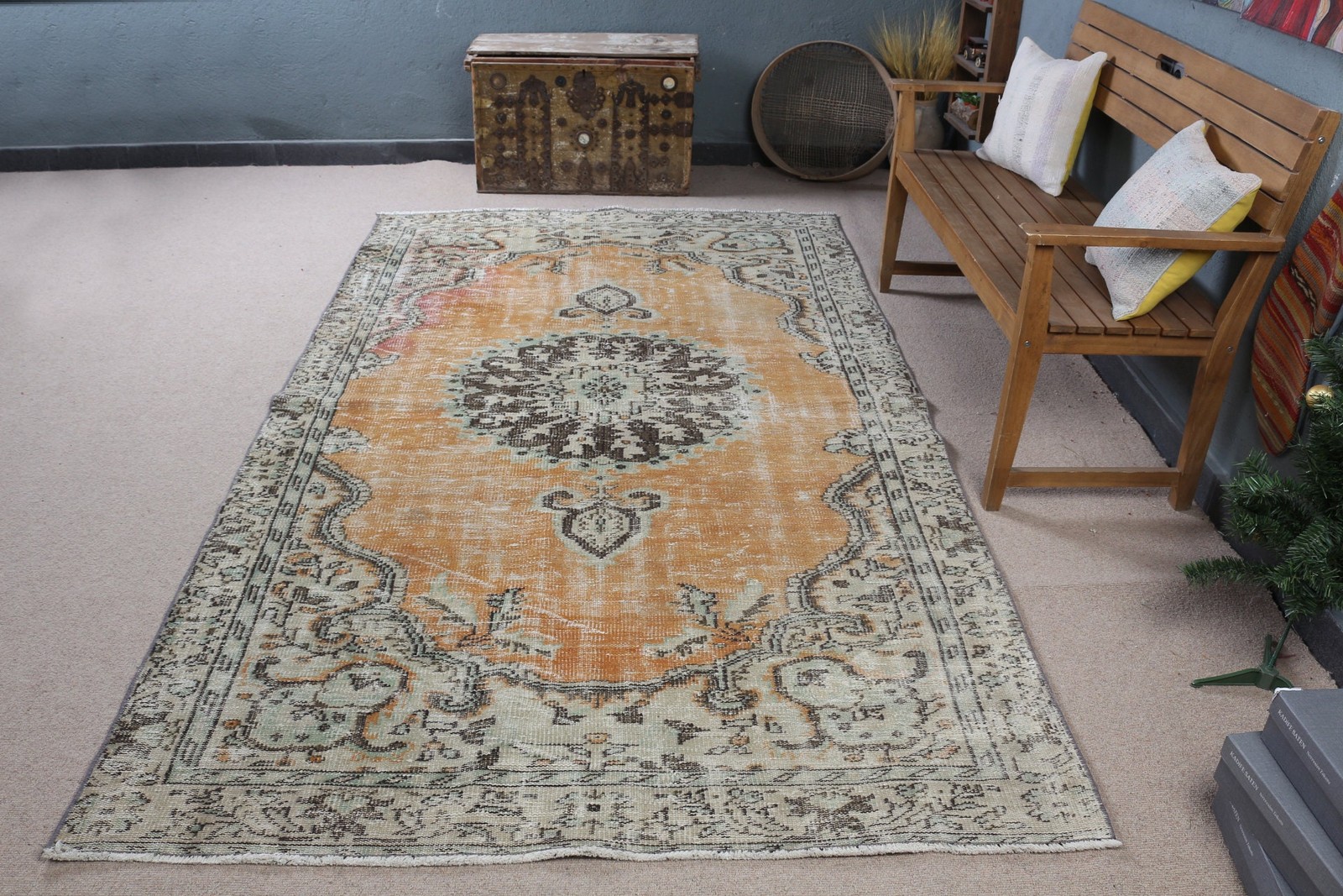 5,2×9,2 ft Rug, Large Turkish Rug, Orange Floral Rug