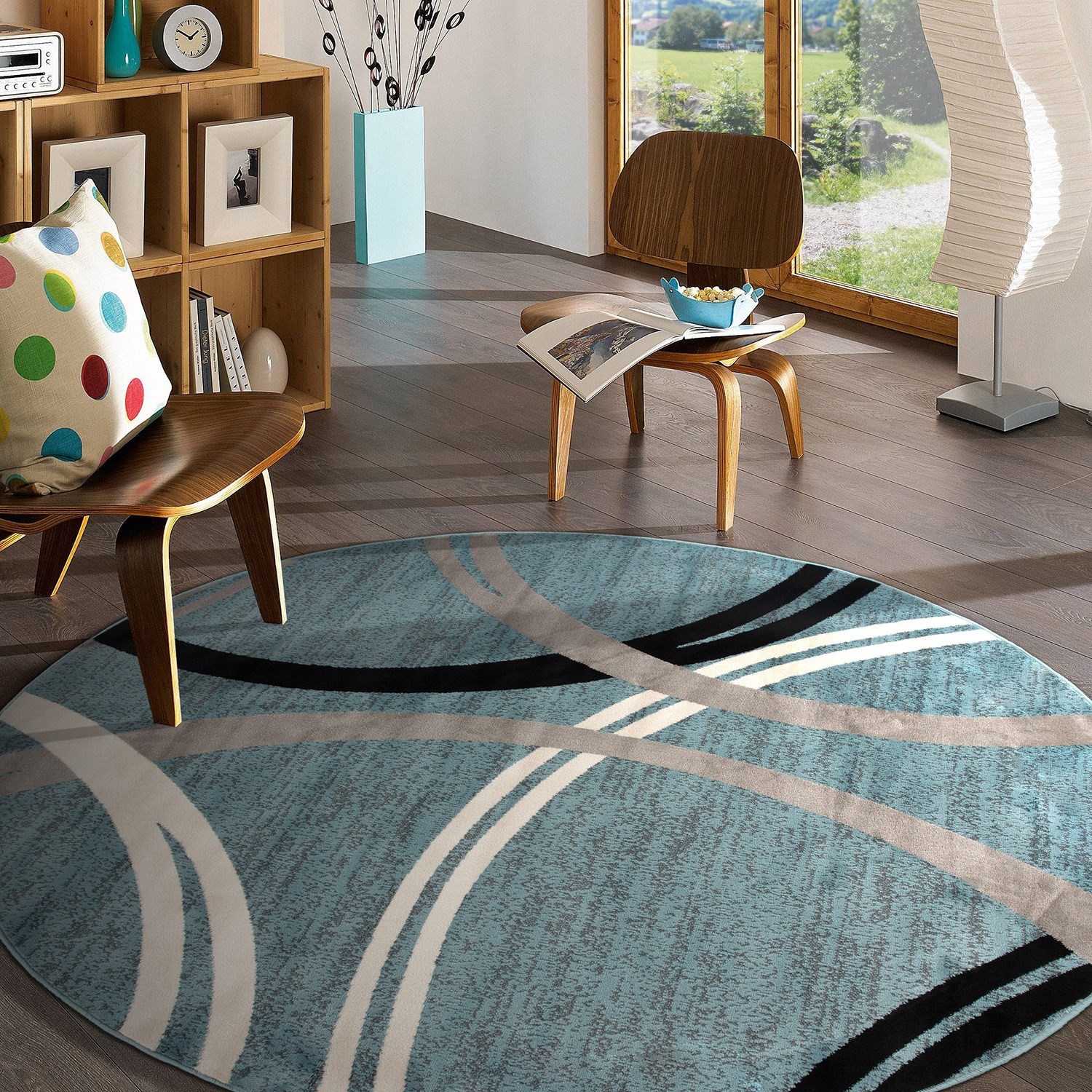 Rugshop Round Carpet Contemporary Abstract Circles Design Blue Round Rugs 6’6″