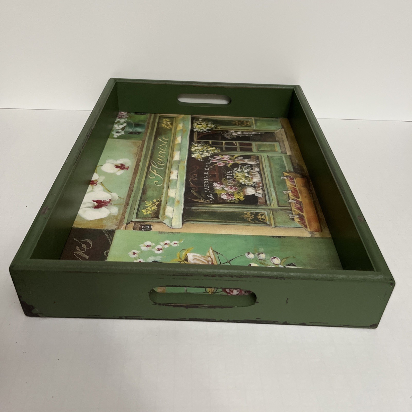 Home Essentials Tray Fleuriste Floral Green Distressed 16 1/8”Wx11 1/2” Used