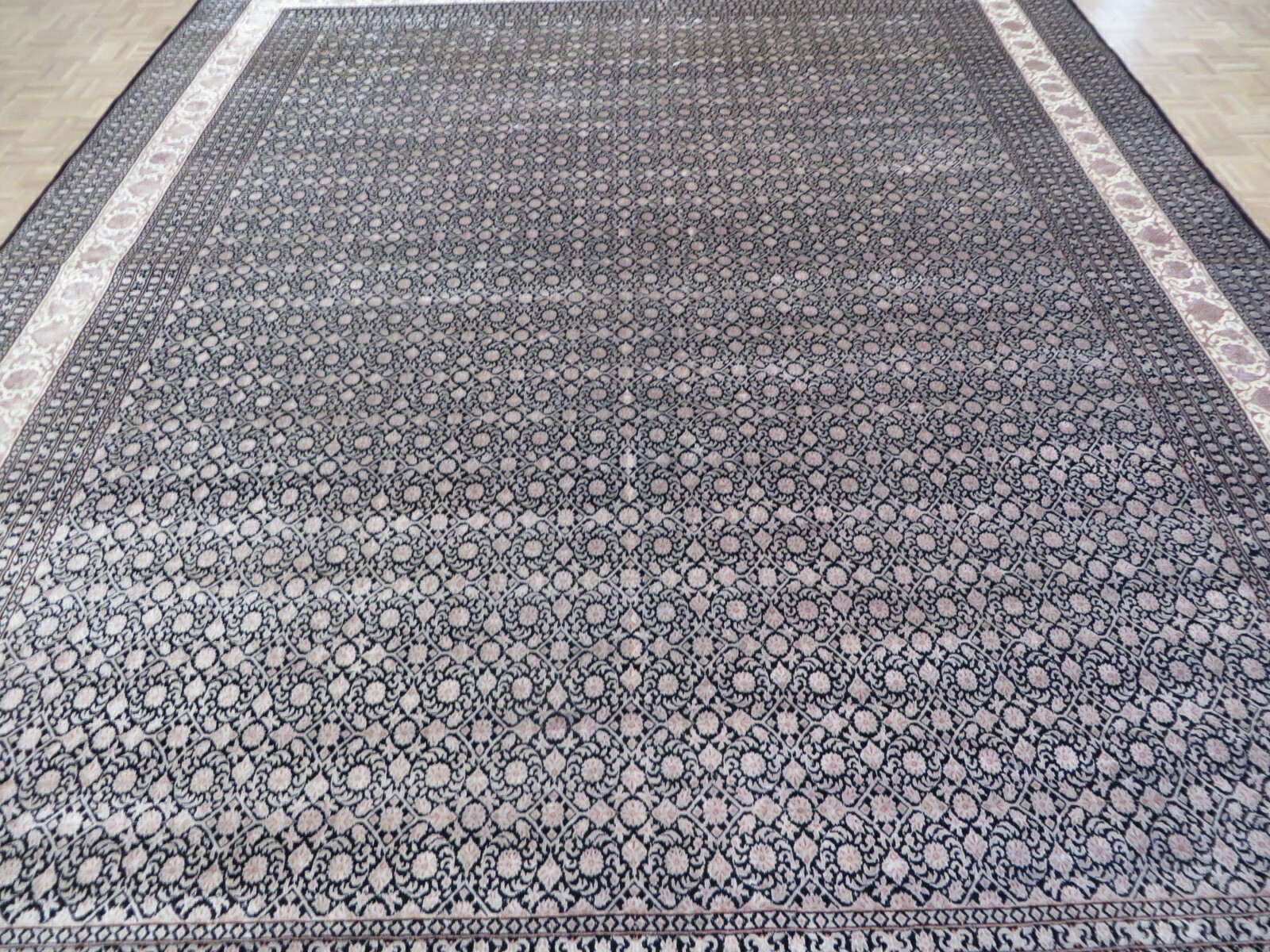 11’8 x 14’9 Hand Knotted Black Fine Herati Tabrez Oriental Rug With Silk G8792