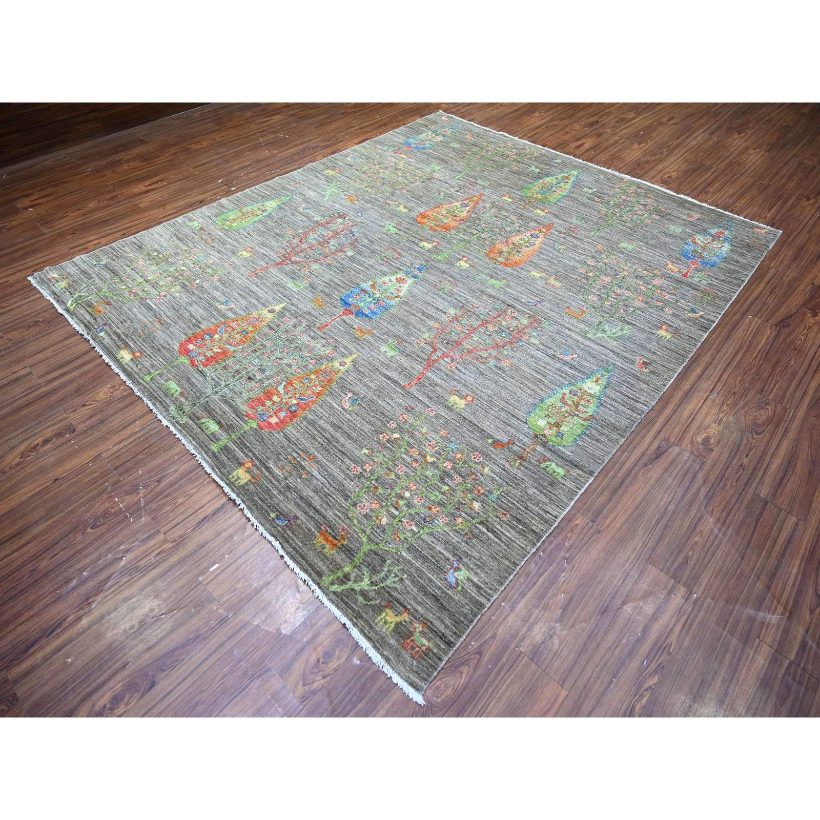 8’x9’5″ Gray Folk Art Willow Cypress Tree Design Wool Hand Knotted Rug R74644