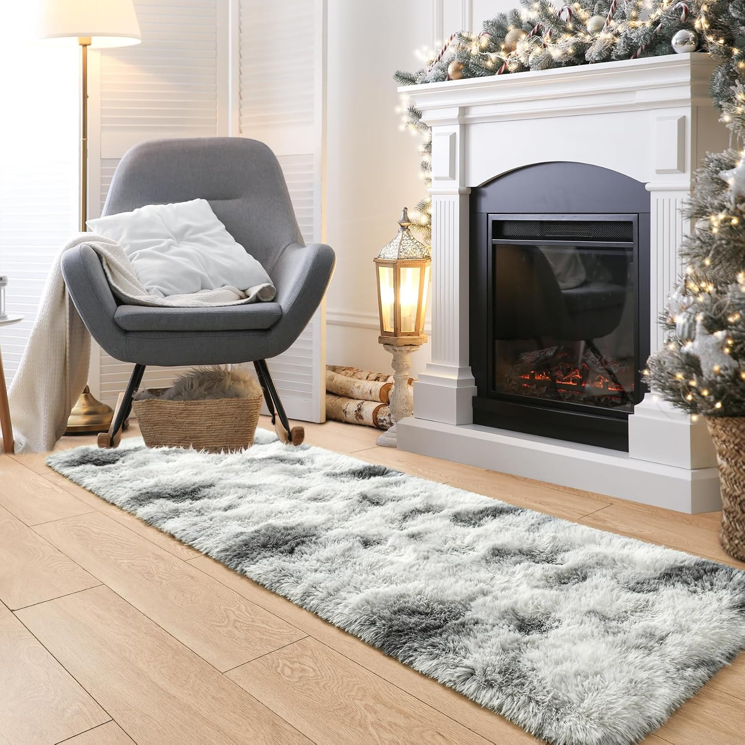 Runner Rug for Hallway,2’X6′ Tie-Dyed Grey and White Long Area Rugs for Bedroom